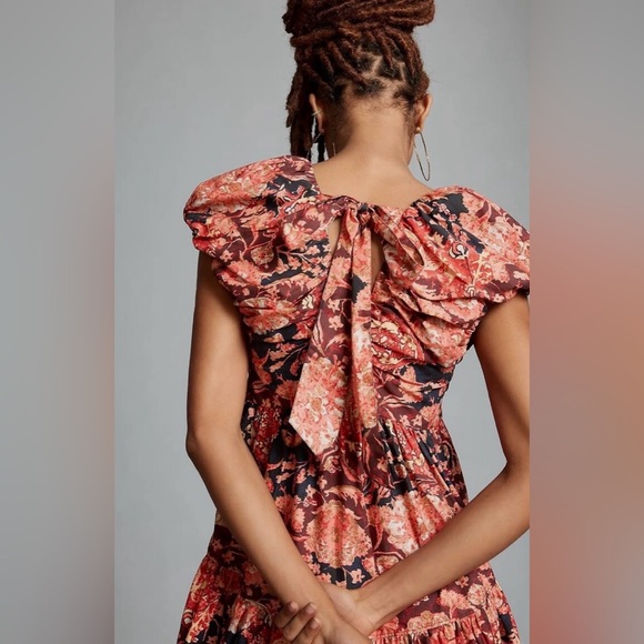NWT Anthropologie- Red and brown floral plunge printed babydoll dress.Size 10. - Picture 3 of 10